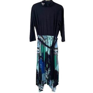 Donna Morgan Navy Blue & Green/Teal Pleated Skirt Dress, Sz 12